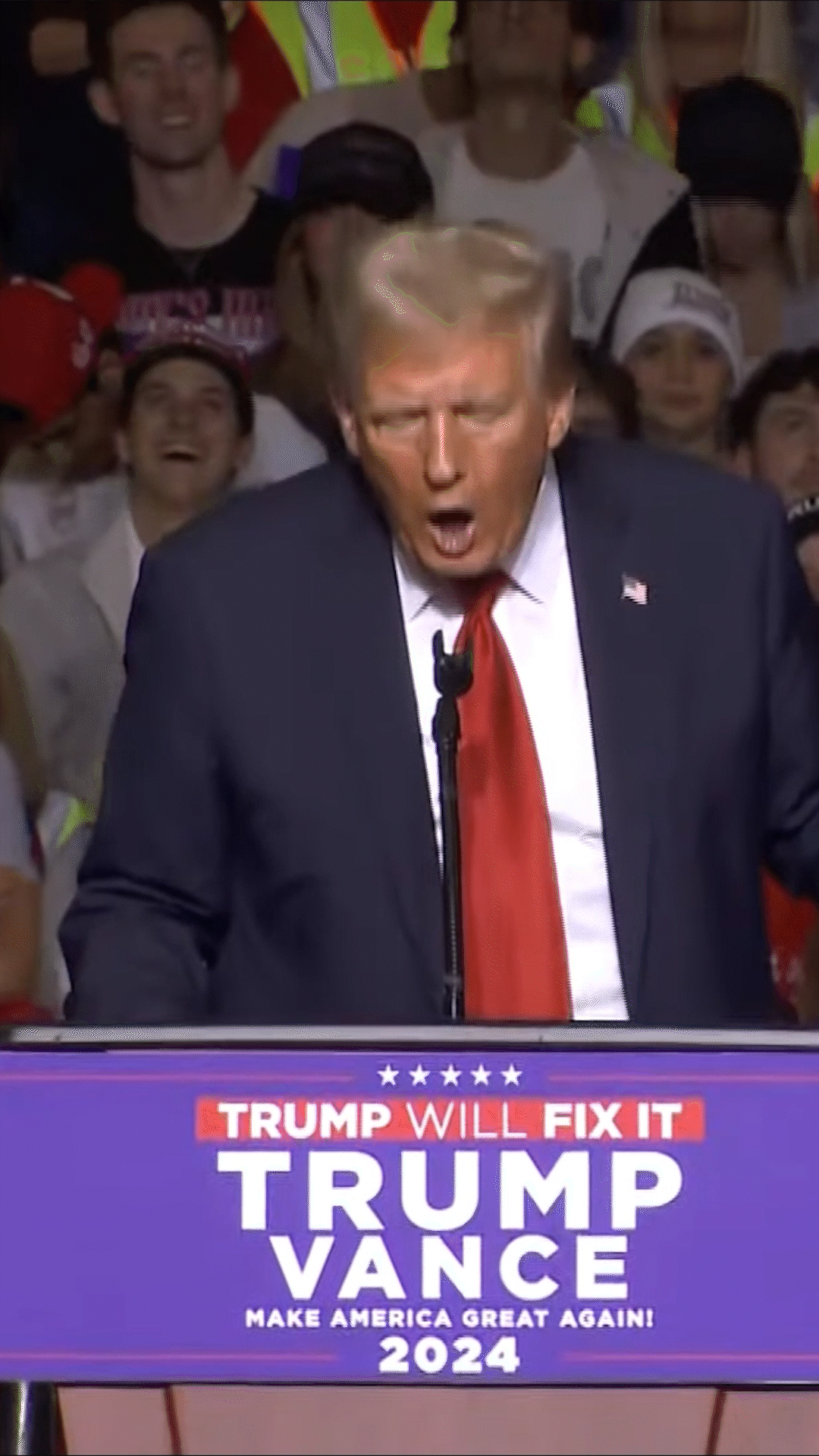 A three-panel image shows Donald Trump at a campaign rally podium with a purple banner reading 'TRUMP WILL FIX IT TRUMP…
