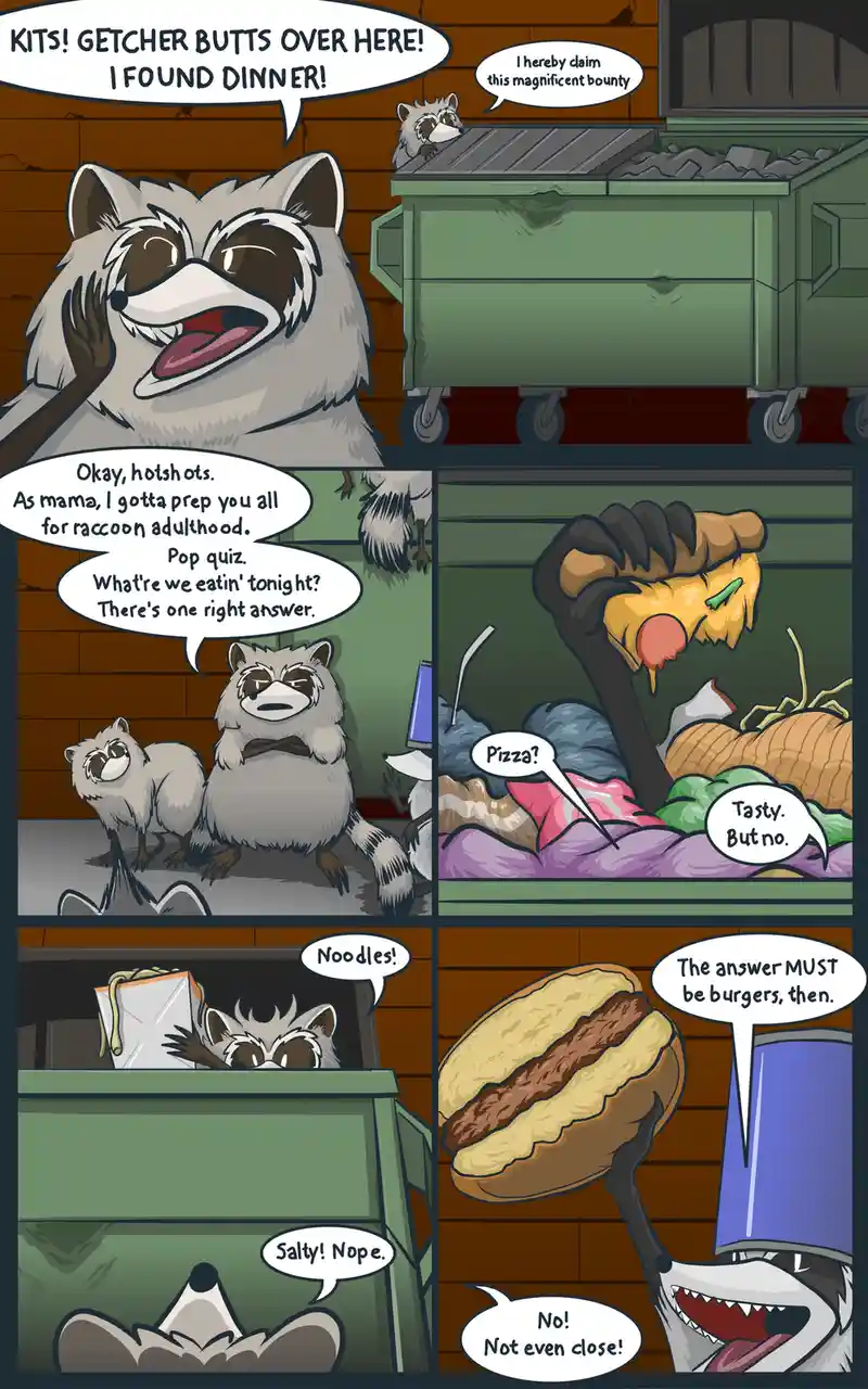 A comic strip featuring cartoon raccoons scavenging in a dumpster. A mother raccoon calls her kits to dinner, then quizzes…