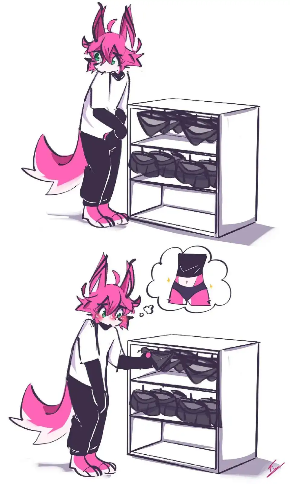 A pink-furred anthropomorphic fox character stands beside a white shelving unit filled with black underwear in the top…