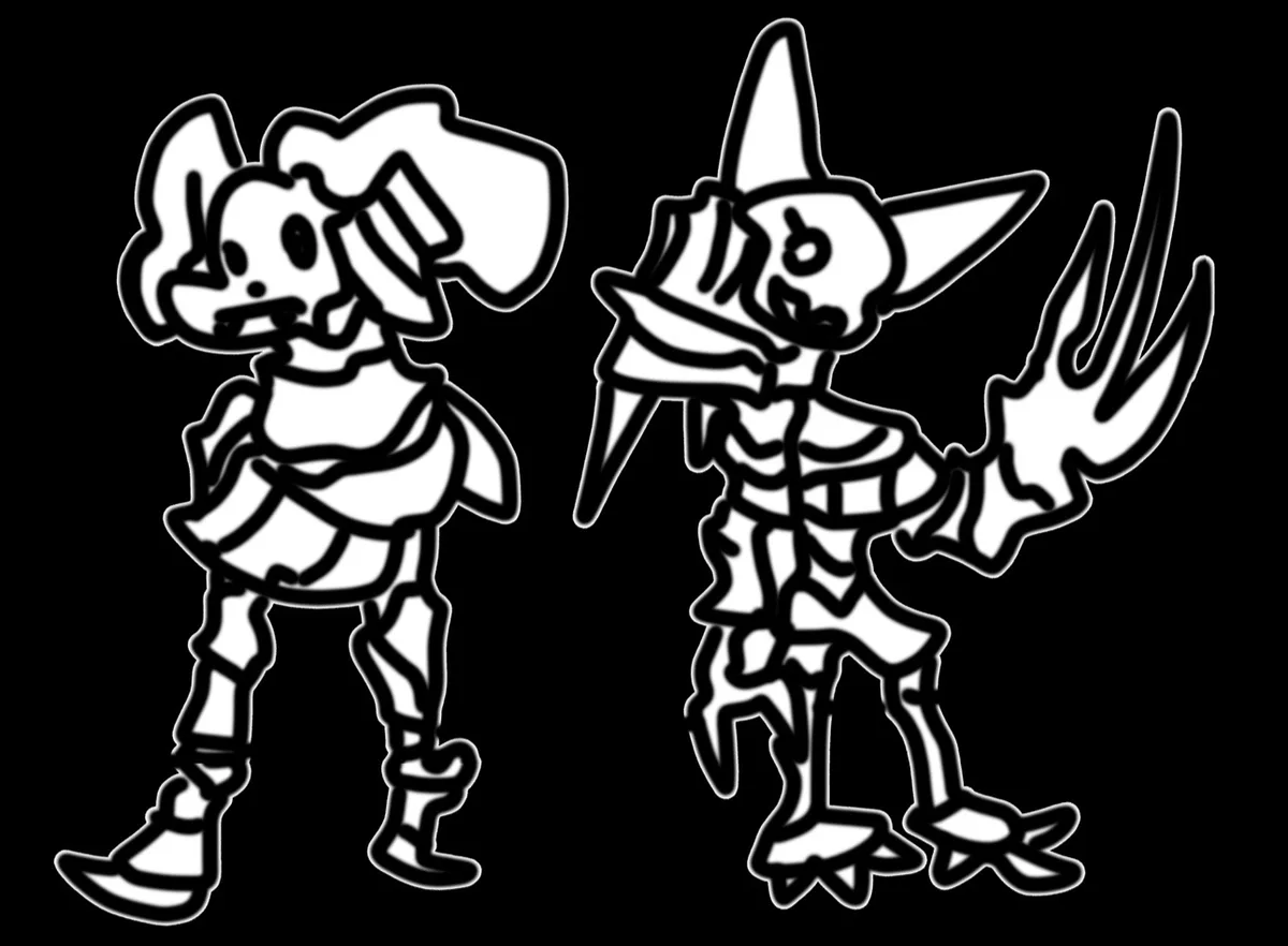 Two black-and-white cartoon skeletons stand side by side against a black background. The skeleton on the left has a large…