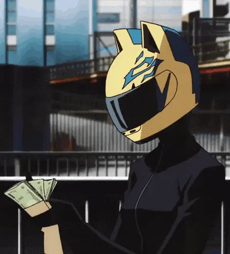 A six-panel anime still shows a character in a gold and blue helmet holding cash, then slowly crumpling it into a ball. The…