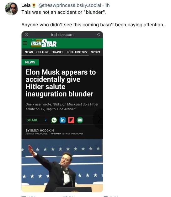 A screenshot of a news article from IrishStar.com with the headline 'Elon Musk appears to accidentally give Hitler salute…