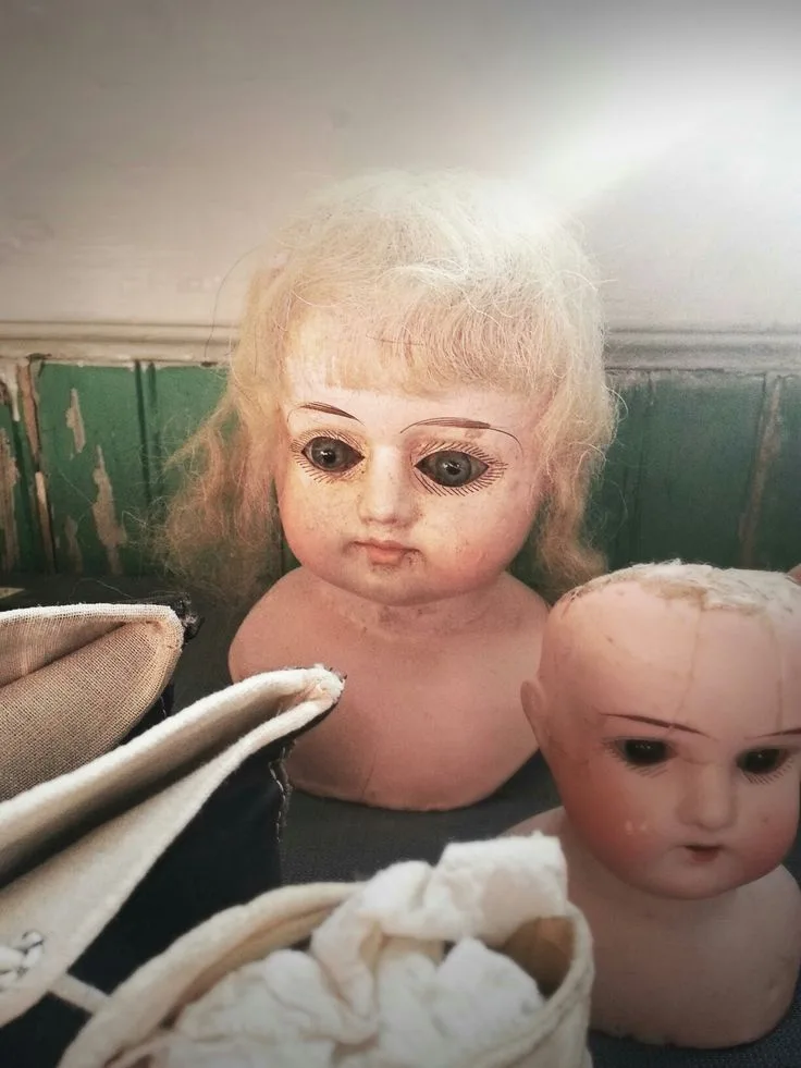 Two vintage doll heads with faded, frayed hair and weathered porcelain faces sit side by side against a peeling green wall…