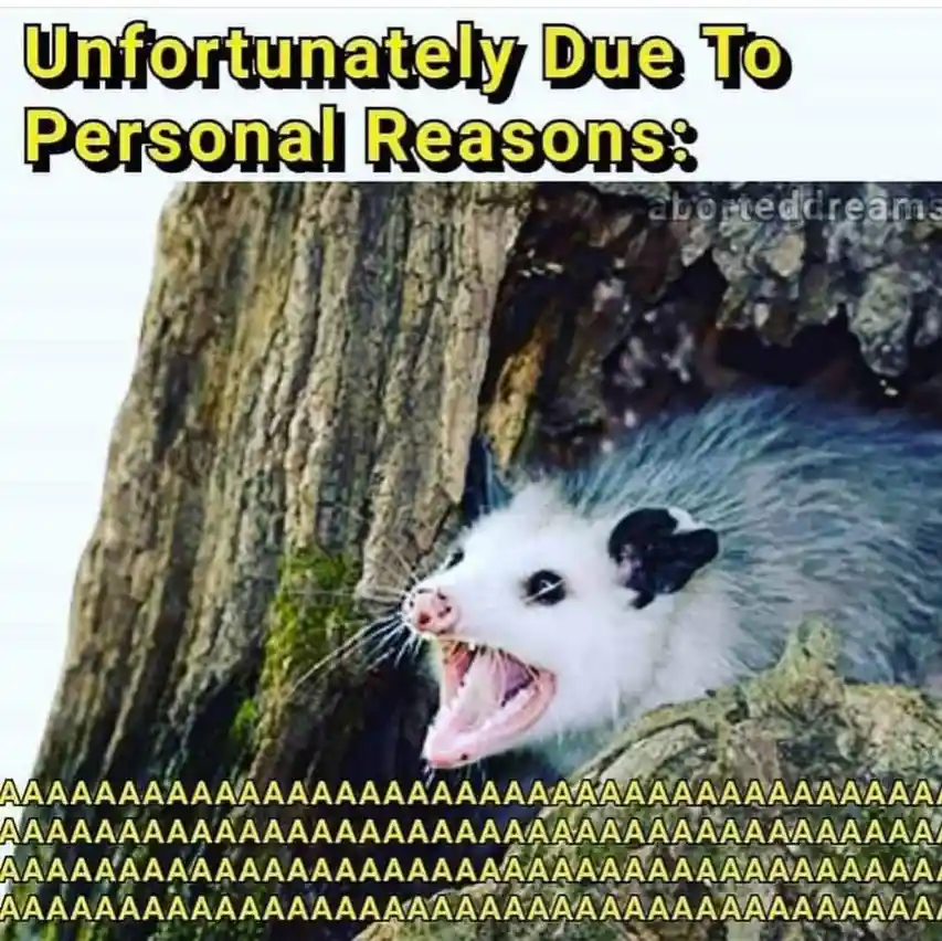 An image of a startled opossum with its mouth wide open in a scream, positioned near a tree trunk. The top text reads…