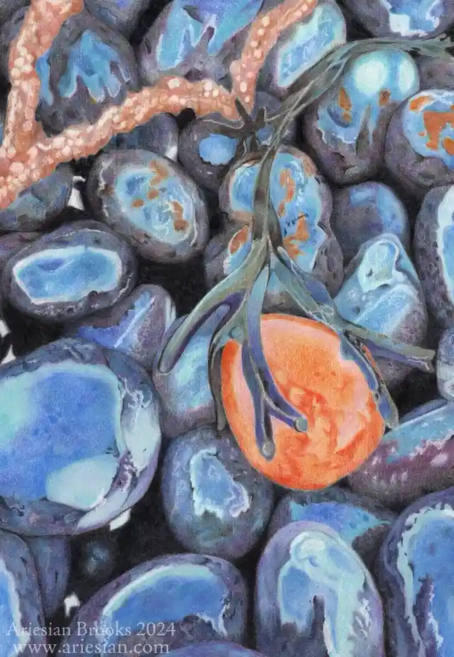 An artistic rendering of numerous blue and purple geodes or stones, with one prominent orange geode in the center. Overlaid…