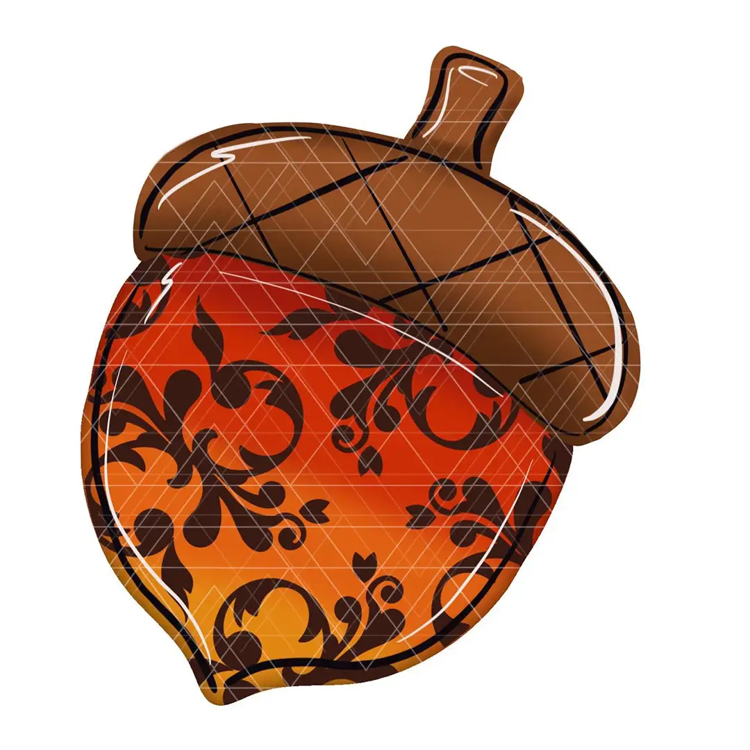 A stylized cartoon acorn with a brown cap and a body decorated with an orange-to-yellow gradient and black ornate floral…