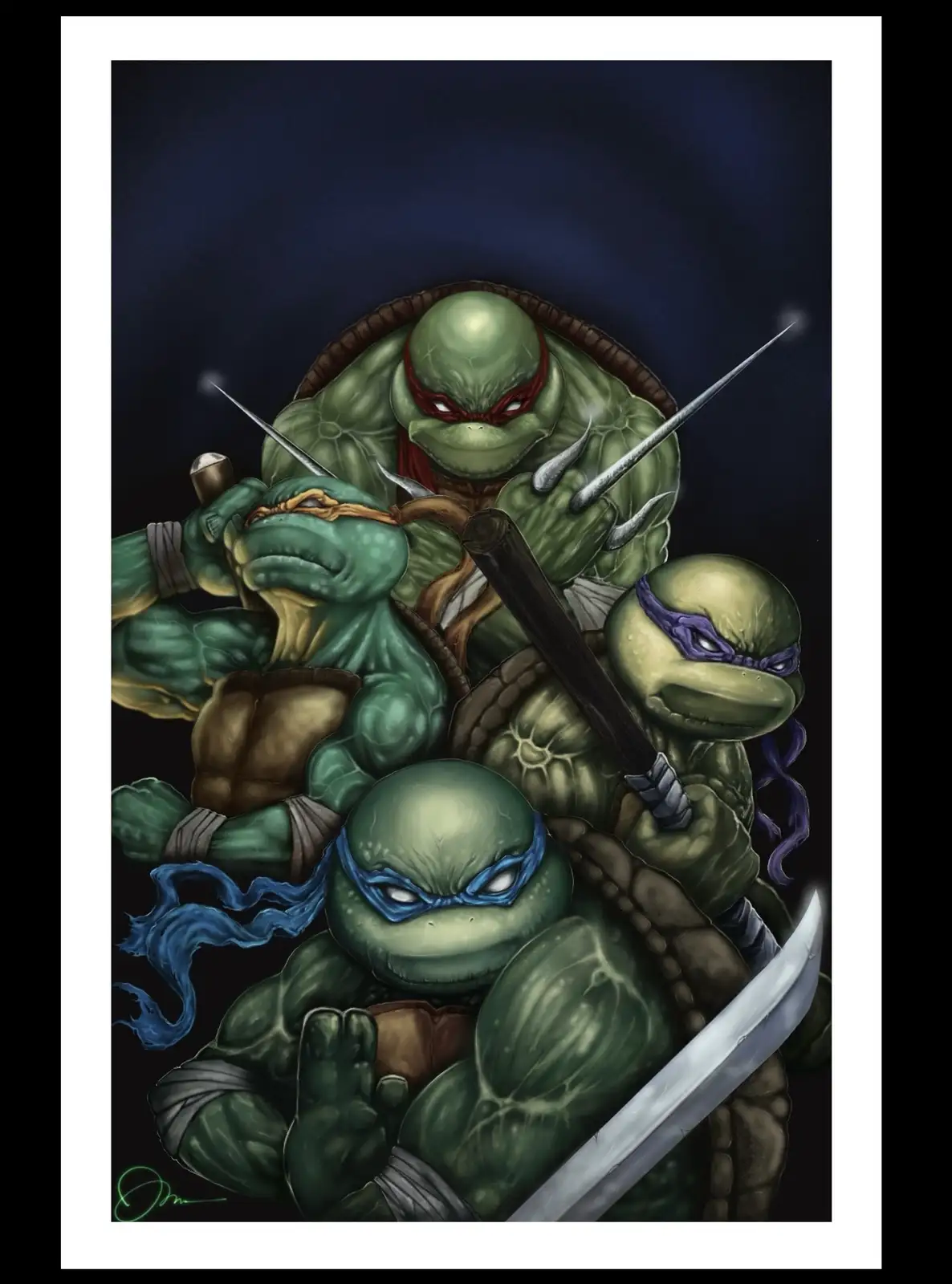 A dramatic, darkly lit illustration shows four green anthropomorphic turtles in fighting stances, each wearing colored masks…