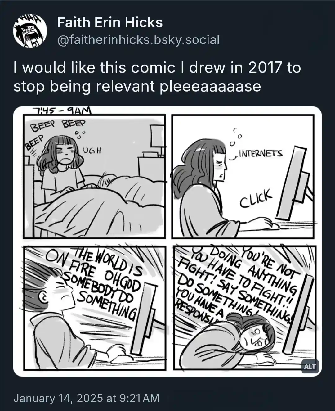 A four-panel comic by Faith Erin Hicks shows a woman waking up to an alarm, then scrolling online, where she sees…