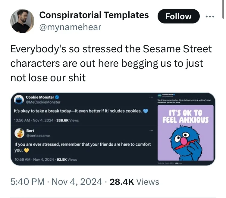A screenshot of a Twitter post from 'Conspiratorial Templates' shows two tweets from Sesame Street characters, Cookie…