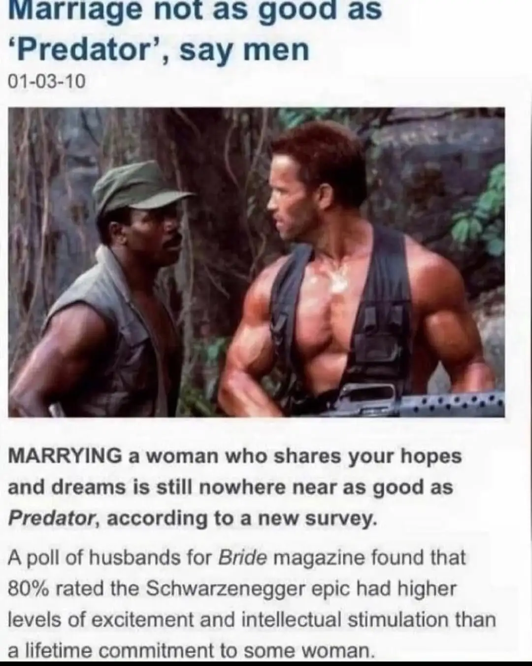 A screenshot of a fake news article from 01-03-10 shows a scene from the movie 'Predator' with Arnold Schwarzenegger as the…
