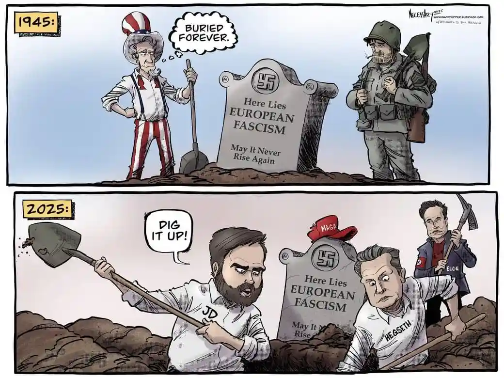 A two-panel comic shows 1945: Uncle Sam and a soldier stand beside a grave marked 'Here Lies EUROPEAN FASCISM' with the…