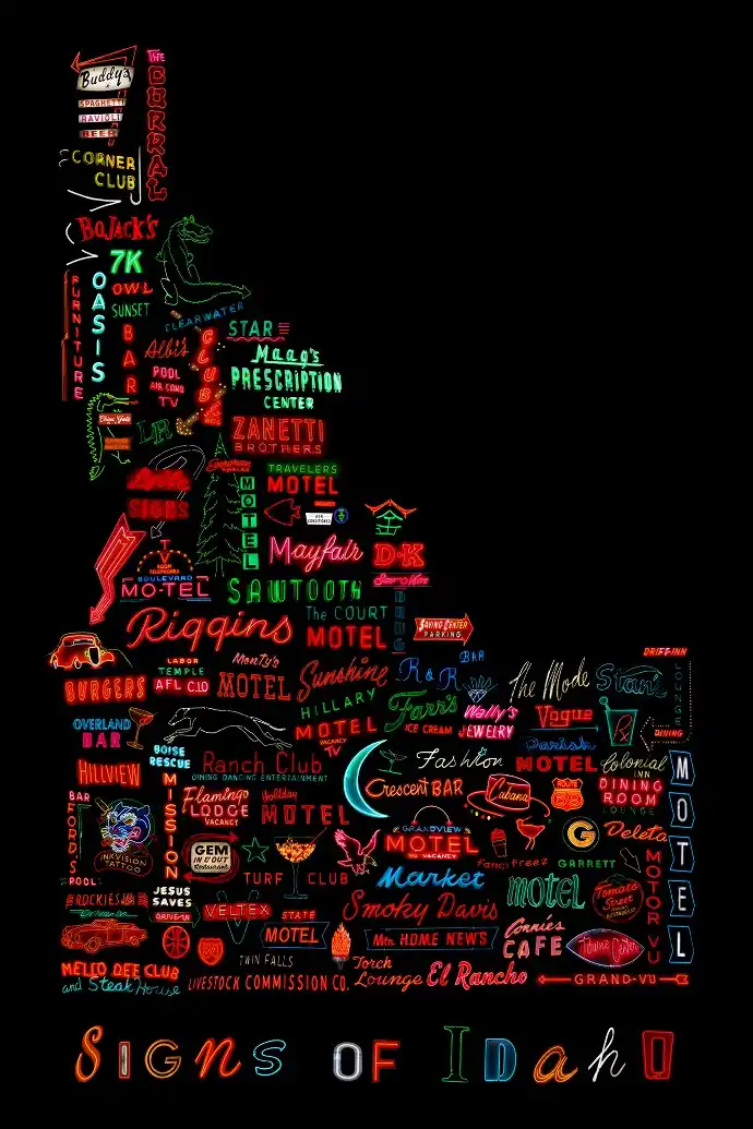 A black background collage of colorful neon-style signs shaped like the state of Idaho, featuring names of motels, bars, and…