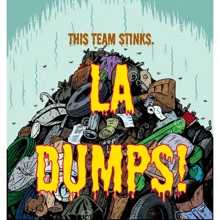 A cartoon illustration shows a large, overflowing pile of trash including tires, bags, furniture, and other garbage against…