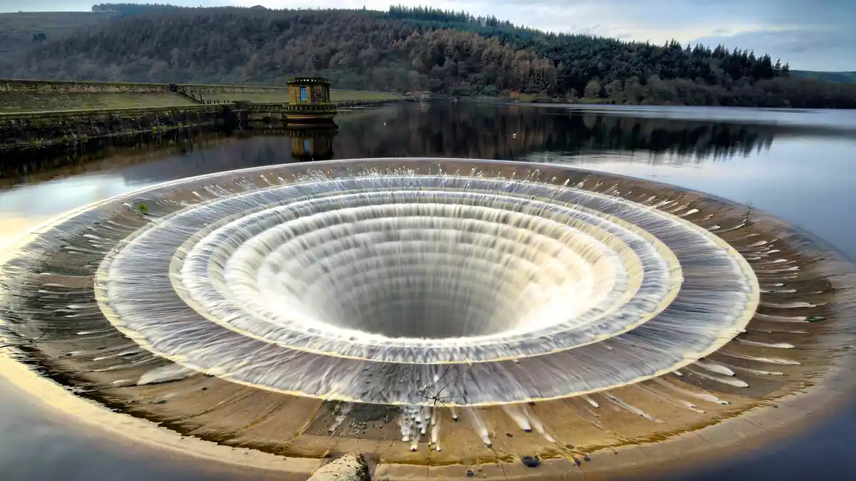Ladybower Reservoir features two 24-meter diameter stone spillways to prevent water overtopping during heavy rains. Usually…