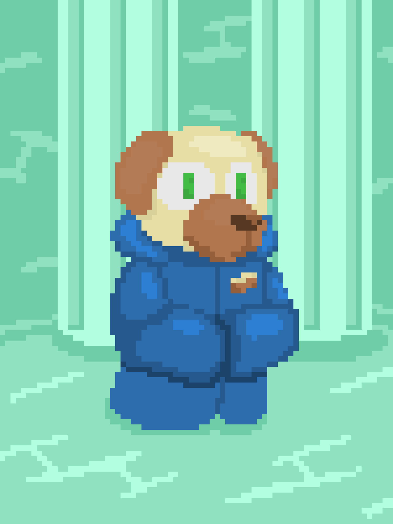 A pixel art image shows a brown-furred, blonde-haired anthropomorphic character wearing blue overalls, standing in a forest…