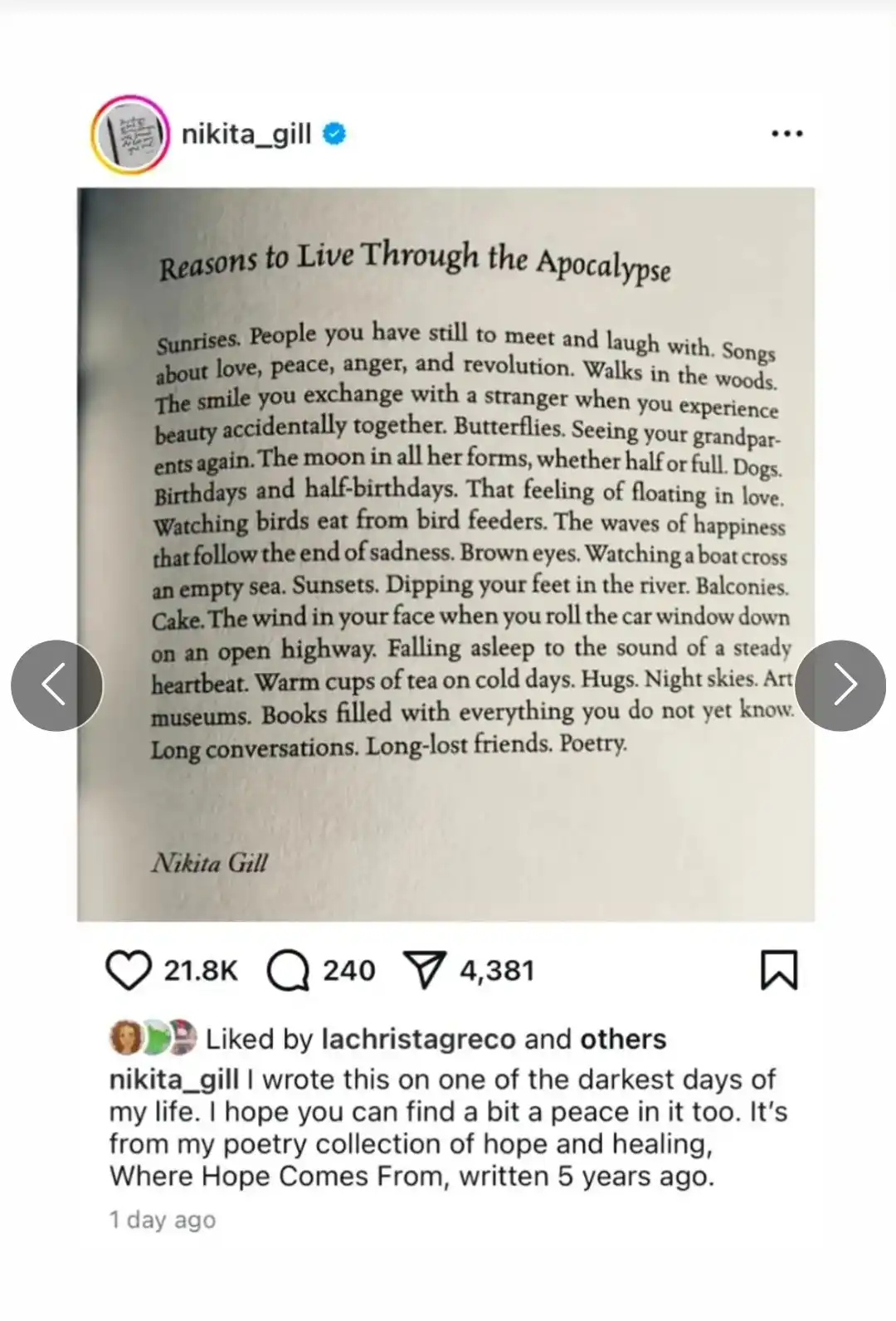 The image displays a printed poem titled 'Reasons to Live Through the Apocalypse' by Nikita Gill, listing small joys and…