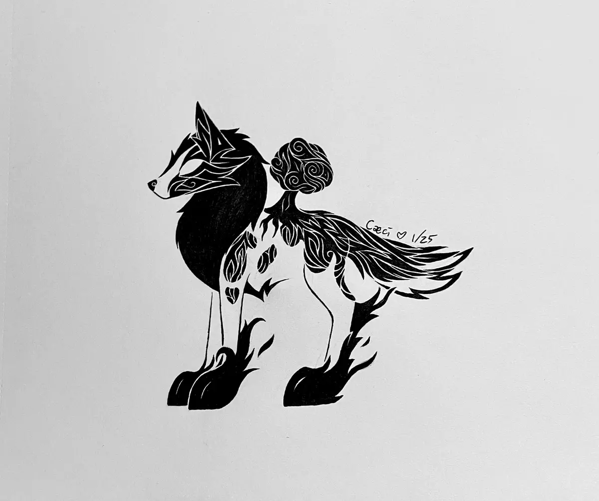 A black-and-white stylized drawing of a wolf-like creature with intricate tribal patterns, standing on its hind legs, and a…