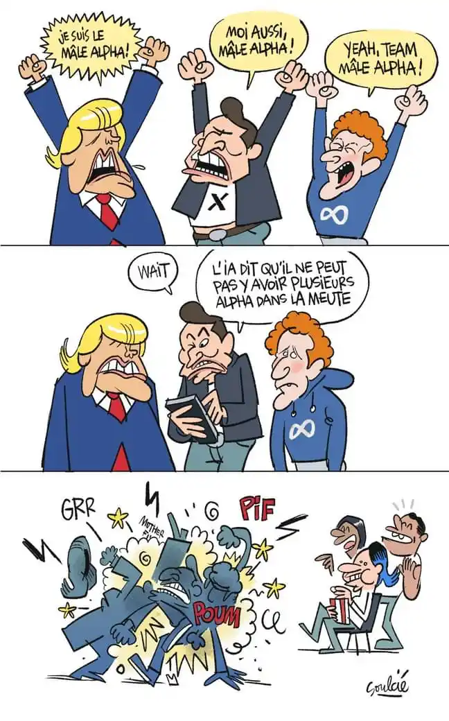 A three-panel comic strip shows three men, caricatures of Donald Trump, Elon Musk, and a third man, all declaring themselves…