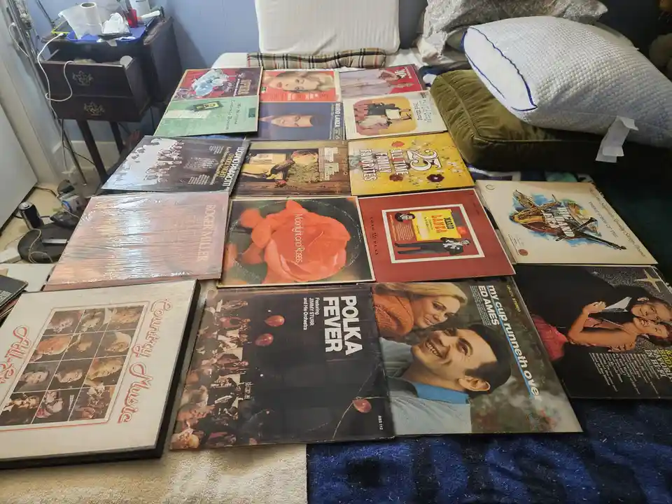 A collection of vintage vinyl record album covers from the 1960s and 70s are spread across a bed, featuring artists like…