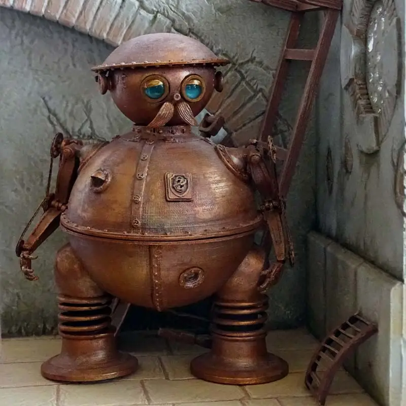 A steampunk-style copper robot with large blue eyes, a mustache, and riveted armor stands in a stone-walled room, holding a…