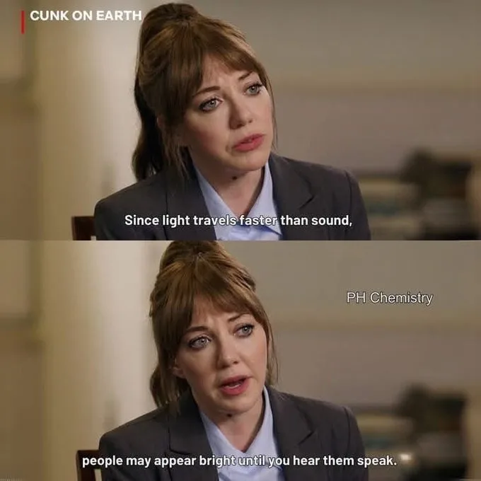 The image is a two-panel meme featuring actress Emma Stone from the show 'Cunk on Earth'. In the top panel, she looks…