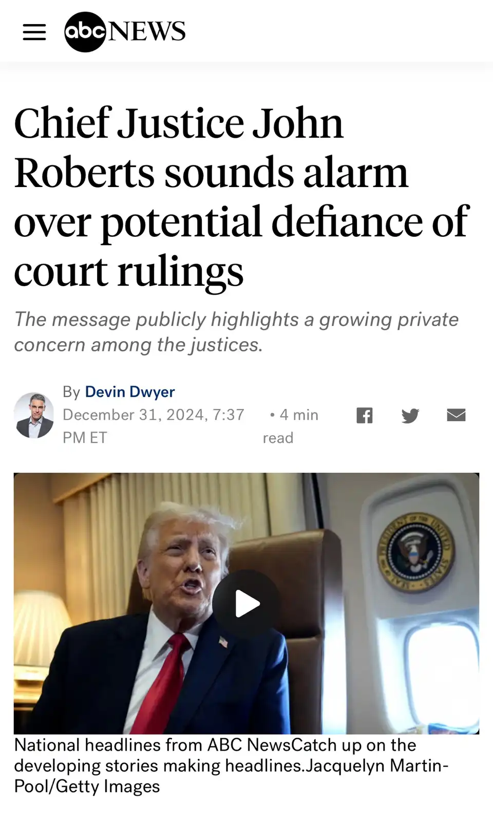 An abcnews.com article screenshot shows a headline about Chief Justice John Roberts expressing concern over potential…