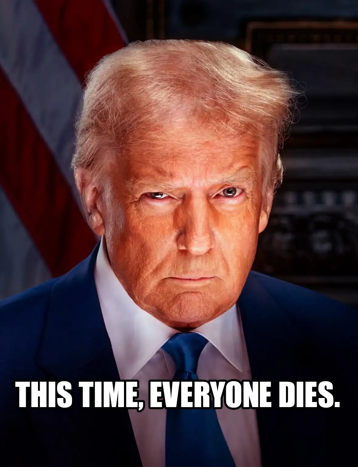 A close-up photo of Donald Trump with a stern, intense expression, wearing a dark suit and blue tie, with an American flag…