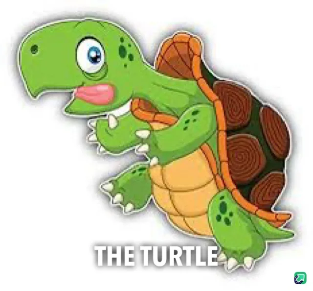 A cartoon turtle with a green body, large blue eye, and brown shell is shown in a dynamic, running pose with its mouth open…