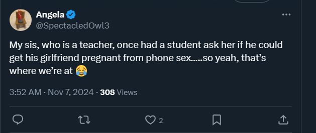 A screenshot of a tweet by Angela (@SpectacledOwl3) showing a dark-themed interface with her profile picture, username, and…