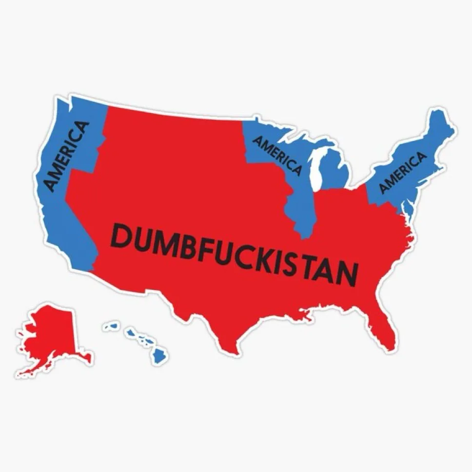 A stylized map of the United States is split into red and blue regions. The large central red area is labeled…