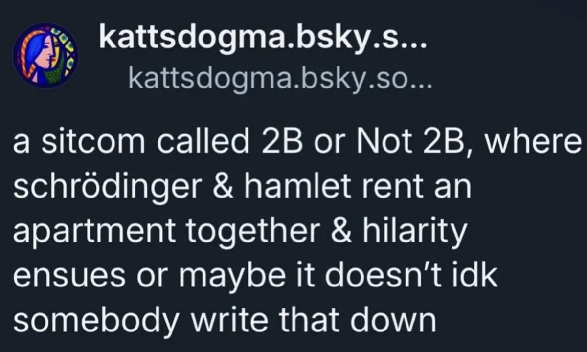 A screenshot of a dark-mode social media post from 'kattsdogma.bsky.so' featuring white text that reads: 'a sitcom called 2B…
