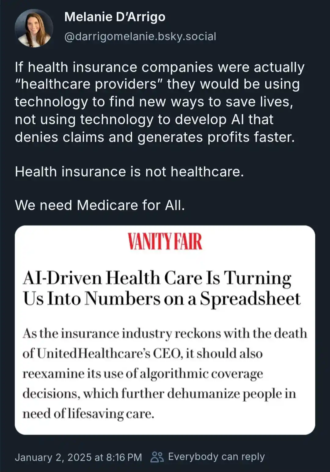 A screenshot of a social media post by Melanie D'Arrigo criticizing health insurance companies for using AI to deny claims…