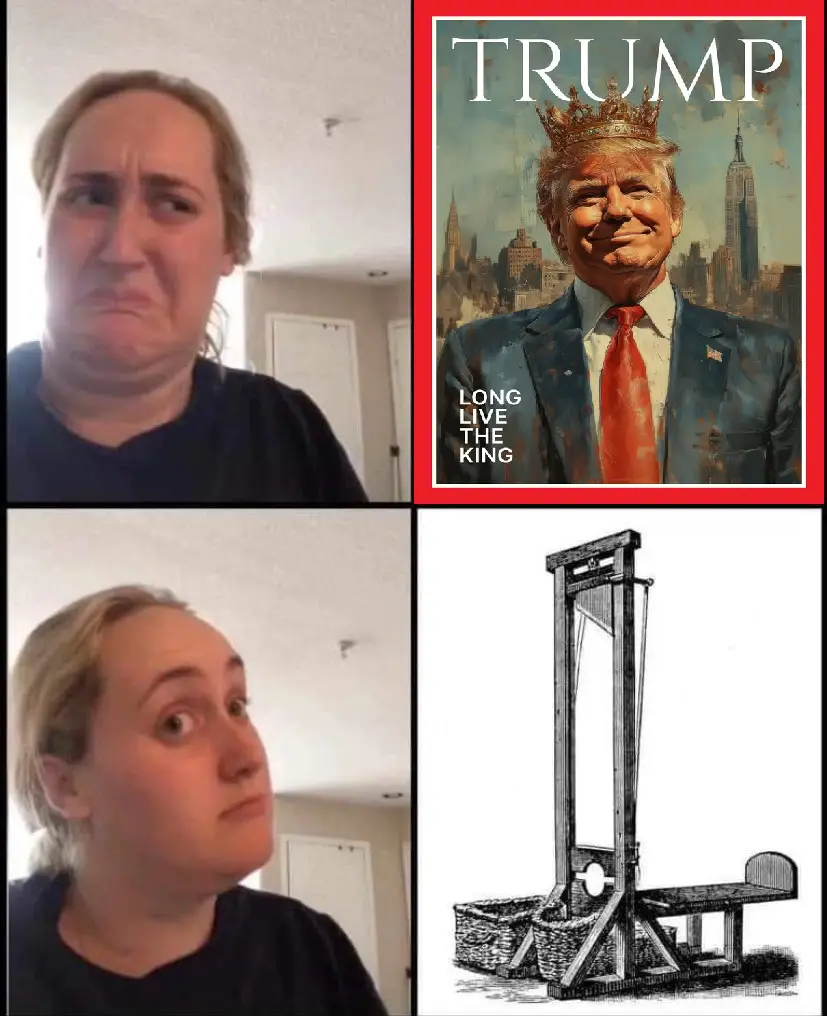 A four-panel meme showing a woman with a disgusted expression, then a shocked expression, next to an image of Donald Trump…