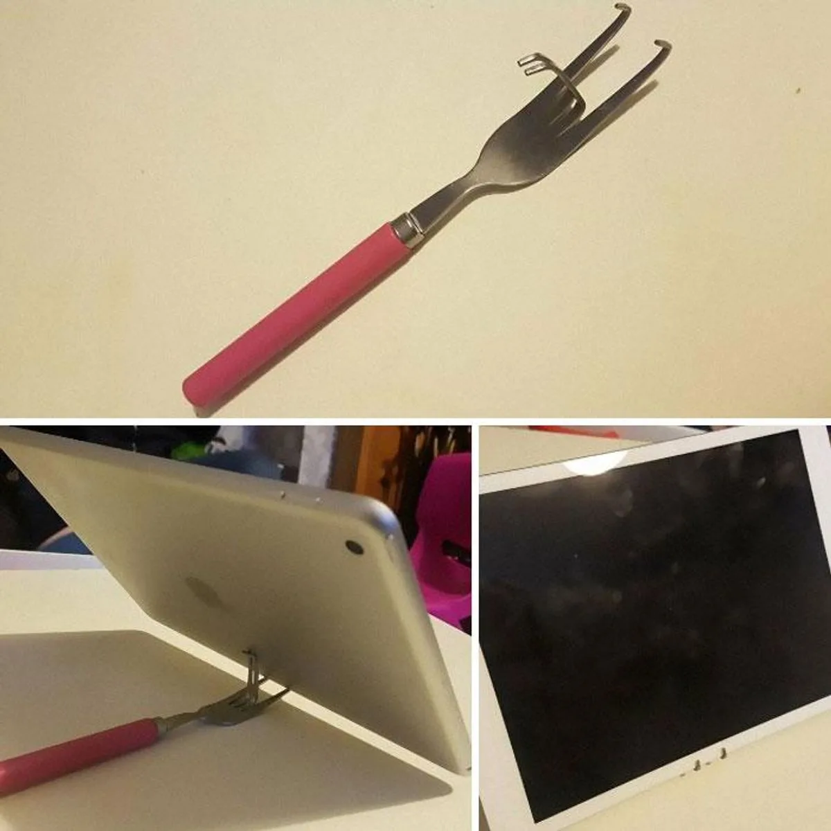 A three-panel image shows a pink-handled fork with its tines bent into a hook shape. The top panel displays the fork alone…