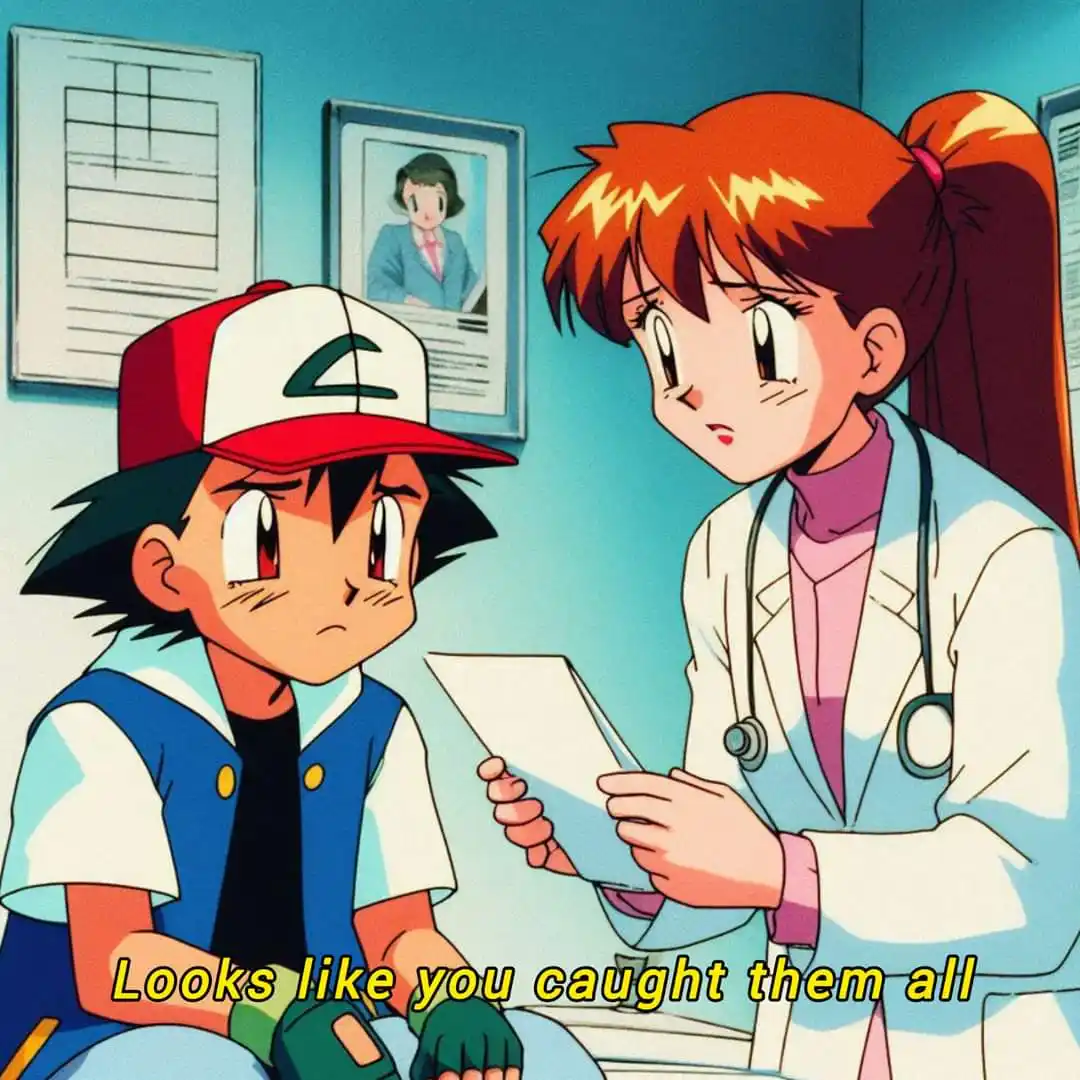In a Pokémon anime scene, a young boy in a red and white cap sits nervously while a female doctor in a white coat and…