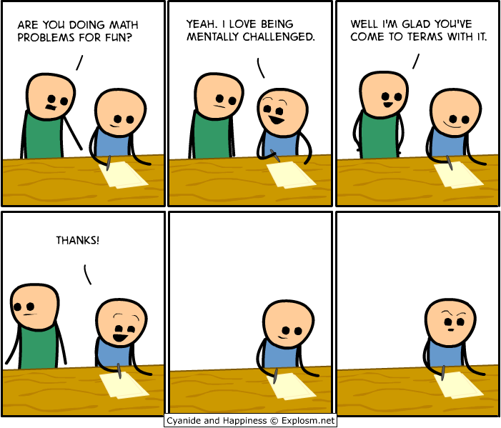 A six-panel comic strip from Cyanide and Happiness shows two bald men at a wooden table. The first man asks if the second is…