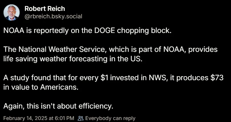 A screenshot of a social media post by Robert Reich, showing text against a black background. The text states that NOAA is…