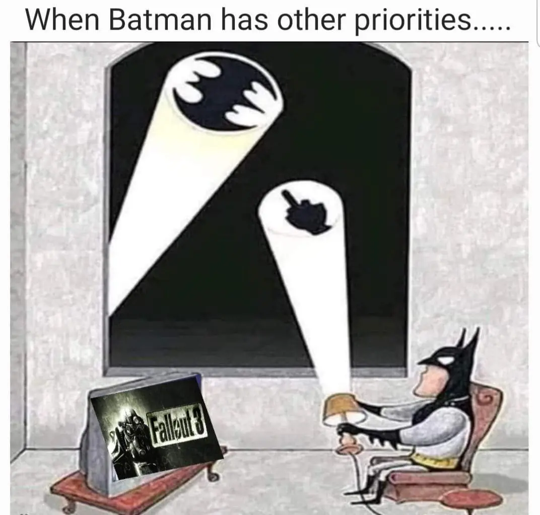 A cartoon Batman sits in a chair, holding a lamp that casts a beam of light onto a window. The beam illuminates a Batman…