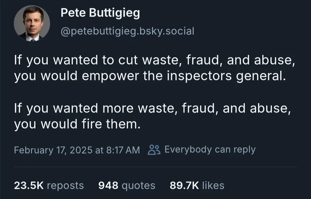 A screenshot of a social media post by Pete Buttigieg, showing his profile picture and handle. The post contains two…
