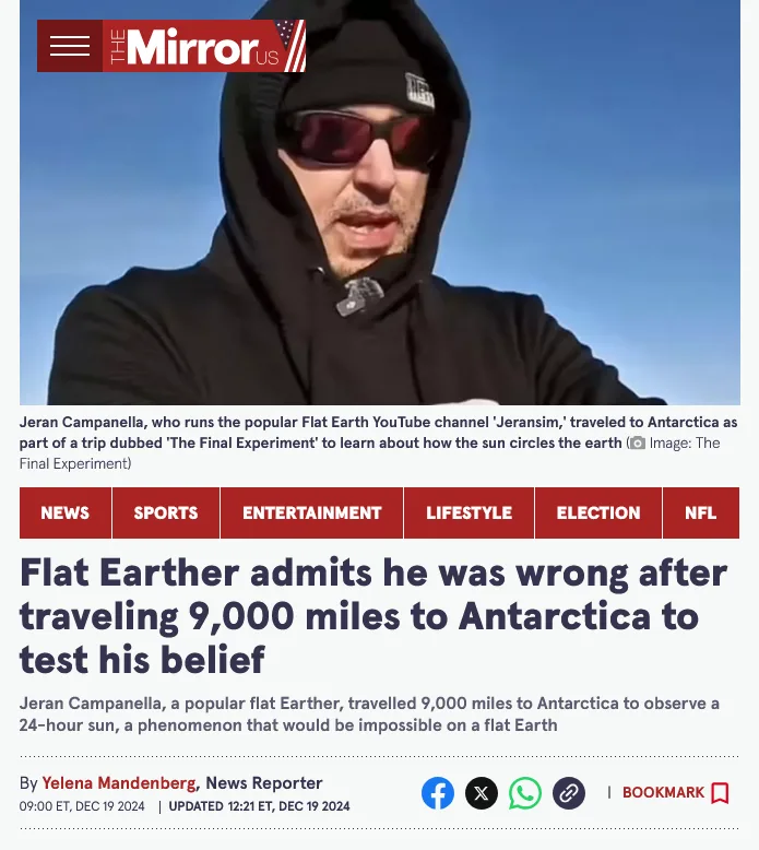 A screenshot of a news article from The Mirror US shows a man in a black hoodie and sunglasses against a clear blue sky. The…