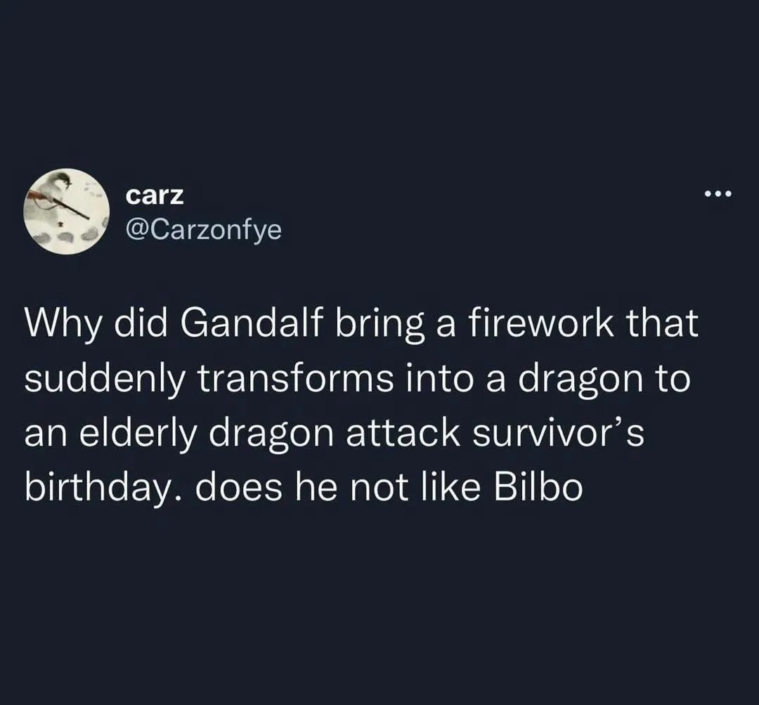 A screenshot of a tweet from user 'carz' (@Carzonfye) with a dark background. The tweet text reads: 'Why did Gandalf bring a…