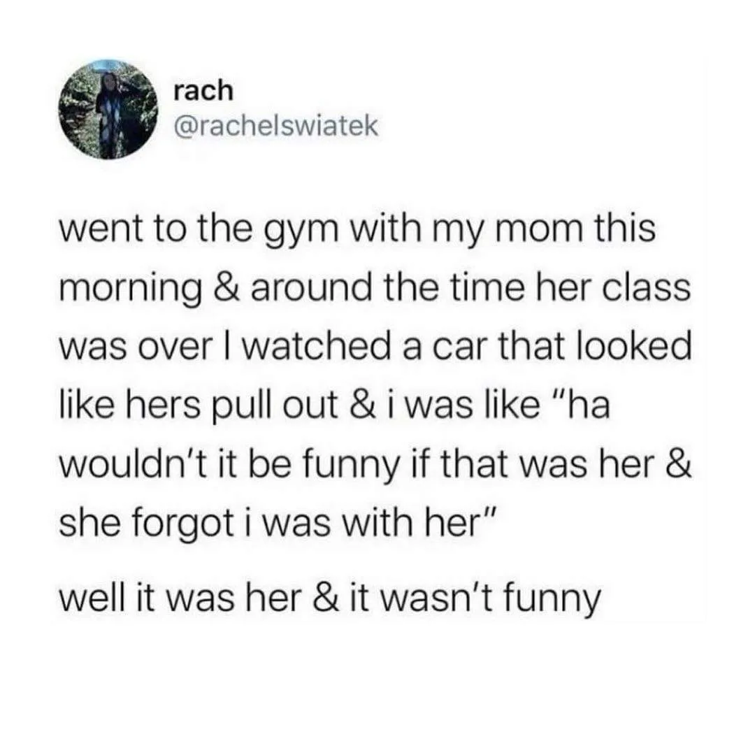A screenshot of a tweet by user 'rach' (@rachelswiatek) describing a relatable moment where she went to the gym with her…