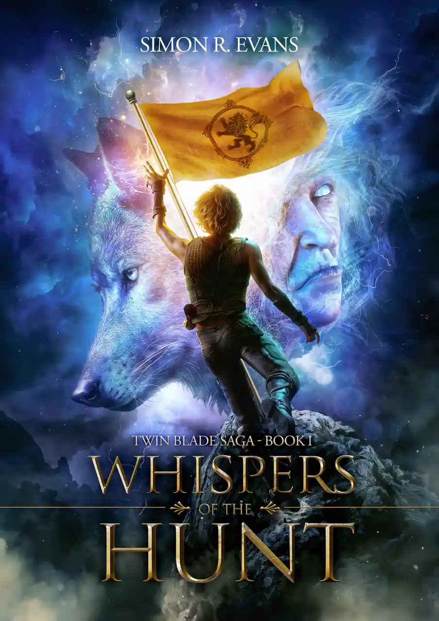 A fantasy book cover shows a young warrior from behind, standing atop a rocky outcrop and holding a golden flag with a lion…