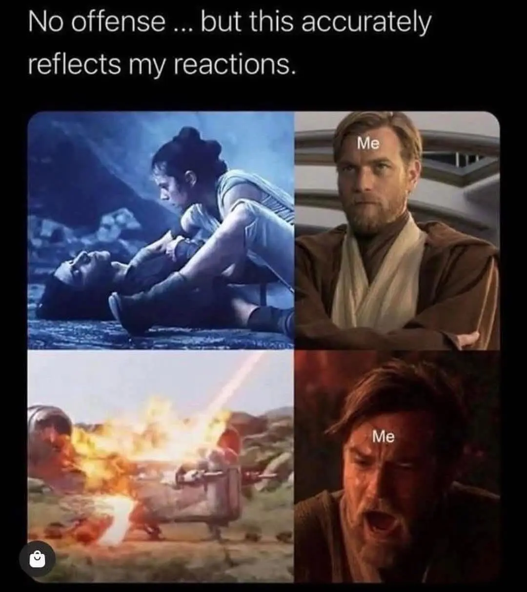 The image is a four-panel meme. Top-left shows Rey holding a dying Finn in a blue-lit scene. Top-right shows a calm…