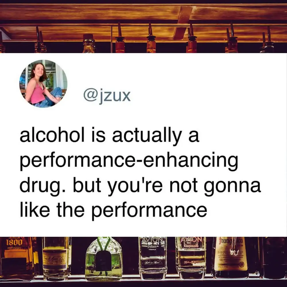 A screenshot of a tweet from @jzux showing a bar shelf with liquor bottles above and below the text. The tweet reads…