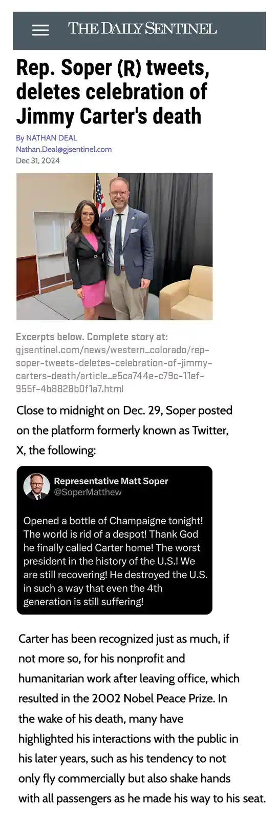 A screenshot of a news article from 'The Daily Sentinel' dated Dec 31, 2024, about Rep. Matt Soper (R) deleting a tweet…