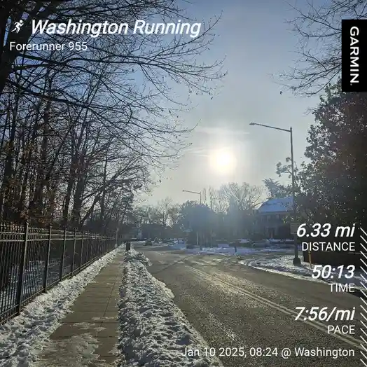 A screenshot from a Garmin Forerunner 955 running watch displays a winter run in Washington, showing 6.33 miles covered in…