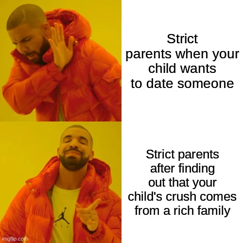 The image is a two-panel meme featuring Drake. In the top panel, he looks annoyed and holds his hand to his ear as if…