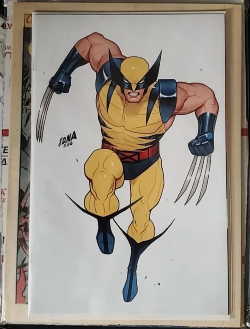 A comic book illustration of the superhero Wolverine, depicted in his classic yellow and blue costume with claws extended…