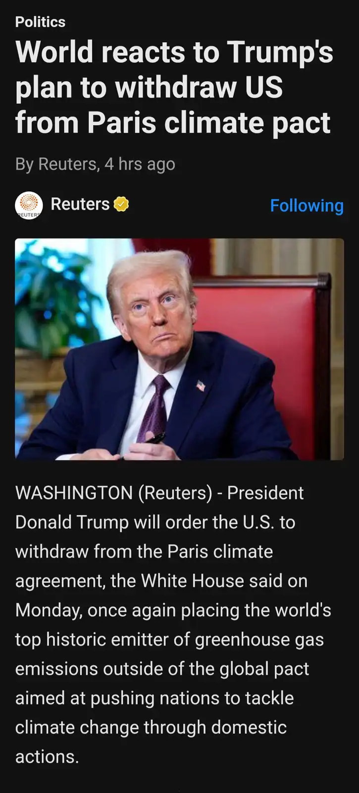 A screenshot of a Reuters news article about Trump withdrawing from the Paris climate pact, featuring a photo of Donald…